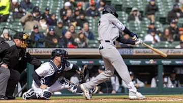 Apr 7, 2025; Detroit, Michigan, USA; New York Yankees outfielder Cody Bellinger (35) strikes out swinging in the fifth inning against the Detroit Tigers at Comerica Park. Mandatory Credit: David Reginek-Imagn Images