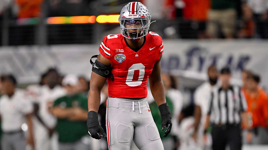 Dec 31, 2025; Arlington, TX, USA; Ohio State Buckeyes linebacker Sonny Styles (0) gets into position during the 2025 Cotton Bowl and quarterfinal game of the College Football Playoff at AT&T Stadium. Mandatory Credit: Jerome Miron-Imagn Images