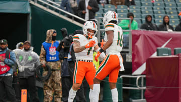 Sep 23, 2023; Philadelphia, Pennsylvania, USA;  Miami Hurricanes wide receiver Xavier Restrepo (7) celebrates his touchdown with wide receiver Isaiah Horton (16) in the third quarter against the Temple Owls at Lincoln Financial Field. Mandatory Credit: Andy Lewis-USA TODAY Sports