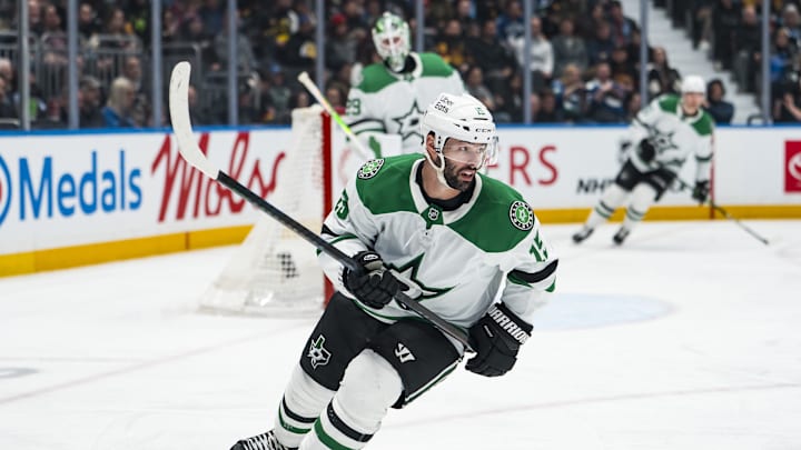 Mar 2, 2026; Vancouver, British Columbia, CAN; Dallas Stars forward Colin Blackwell (15) skates against the Vancouver Canucks in the second period at Rogers Arena. Mandatory Credit: Bob Frid-Imagn Images