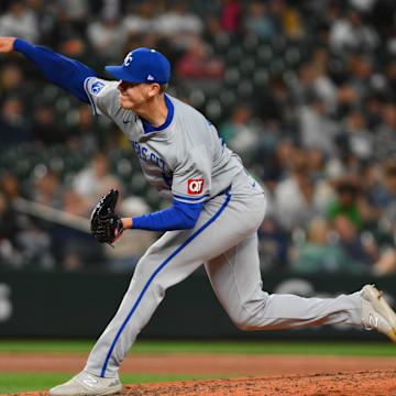 May 14, 2024; Seattle, Washington, USA; Kansas City Royals relief pitcher James McArthur (66) pitches to the Seattle Mariners during the eighth inning at T-Mobile Park. Mandatory Credit: Steven Bisig-Imagn Images