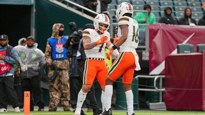 Sep 23, 2023; Philadelphia, Pennsylvania, USA;  Miami Hurricanes wide receiver Xavier Restrepo (7) celebrates his touchdown with wide receiver Isaiah Horton (16) in the third quarter against the Temple Owls at Lincoln Financial Field. Mandatory Credit: Andy Lewis-USA TODAY Sports