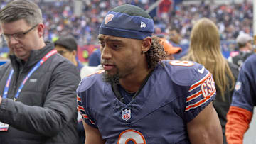 Chicago Bears cornerback Kyler Gordon, the ex-Husky. leaves the field in London.