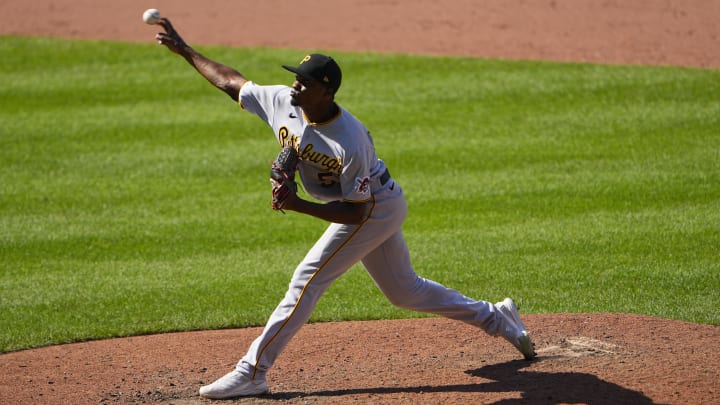 Aug 7, 2022; Baltimore, Maryland, USA; Pittsburgh Pirates pitcher Yerry De Los Santos (57) delivers