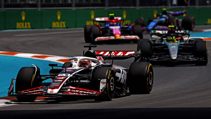 May 4, 2024; Miami Gardens, Florida, USA; Hass drive Kevin Magnussen (20) during the F1 Sprint Race at Miami International Autodrome. Mandatory Credit: Peter Casey-USA TODAY Sports