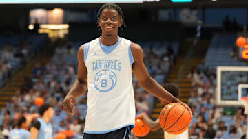 Oct 4, 2025; Charlotte, NC, USA; North Carolina Tar Heels forward Caleb Wilson (8) warms up before the game at Dean E. Smith Center. Mandatory Credit: Bob Donnan-Imagn Images