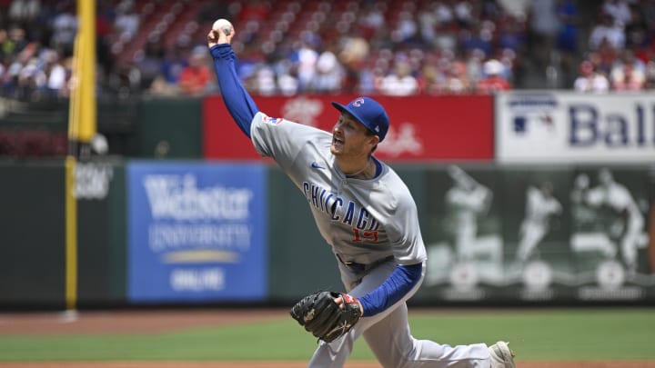 Chicago Cubs pitcher Hayden Wesneski (19) throws against the St. Louis Cardinals during the first inning at Busch Stadium on July 13.