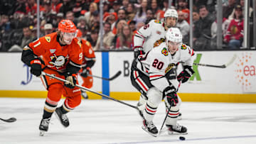 Dec 7, 2025; Anaheim, California, USA; Chicago Blackhawks center Ryan Greene (20) breaks away during the first period against the Anaheim Ducks at Honda Center. Mandatory Credit: Corinne Votaw-Imagn Images