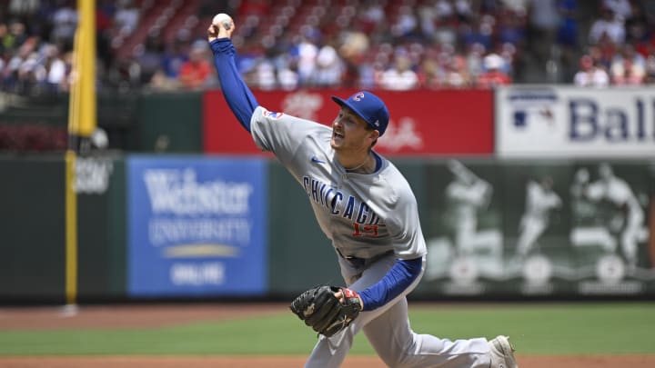 Jul 13, 2024; St. Louis, Missouri, USA; Chicago Cubs pitcher Hayden Wesneski (19) throws against the St. Louis Cardinals during the first inning at Busch Stadium. 