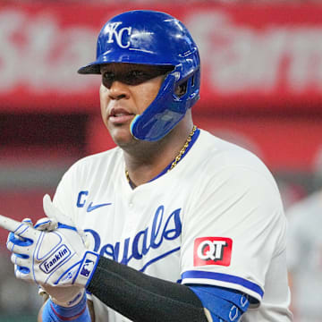 Sep 16, 2024; Kansas City, Missouri, USA; Kansas City Royals catcher Salvador Perez (13) celebrates toward the dugout against the Detroit Tigers after hitting a single in the third inning at Kauffman Stadium. Mandatory Credit: Denny Medley-Imagn Images