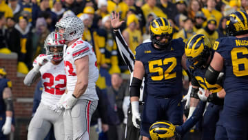 Nov. 25, 2023; Ann Arbor, Mi., USA;
Ohio State Buckeyes defensive end Jack Sawyer (33) celebrates with Ohio State Buckeyes linebacker Steele Chambers (22) after sacking Michigan Wolverines quarterback J.J. McCarthy (9) during the first half of Saturday's NCAA Division I football game at Michigan Stadium.