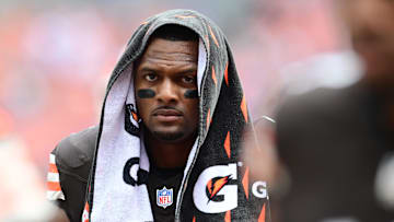 Sep 22, 2024; Cleveland, Ohio, USA; Cleveland Browns quarterback Deshaun Watson (4) walks off the field before the game between the Browns and the New York Giants at Huntington Bank Field. Mandatory Credit: Ken Blaze-Imagn Images