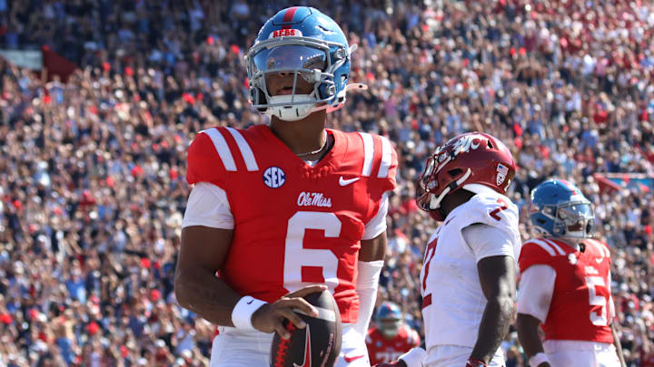 Oct 11, 2025; Oxford, Mississippi, USA; Mississippi Rebels quarterback Trinidad Chambliss (6) reacts after a touchdown during the third quarter against the Washington State Cougars at Vaught-Hemingway Stadium. Mandatory Credit: Petre Thomas-Imagn Images