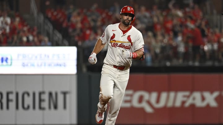 Jul 26, 2024; St. Louis, Missouri, USA; St. Louis Cardinals first baseman Paul Goldschmidt (46) runs the bases after hitting a home run on his 2000th MLB hit during the tenth inning in a baseball game against the Washington Nationals at Busch Stadium.