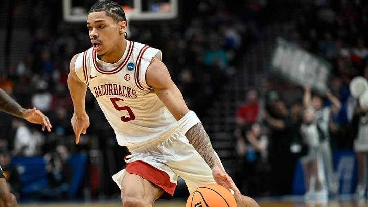 Mar 19, 2026; Portland, OR, USA; Arkansas Razorbacks guard Darius Acuff Jr. (5) drives against the Hawaii Rainbow Warriors in the second half during a first round game of the men's 2026 NCAA Tournament at Moda Center. Mandatory Credit: Craig Strobeck-Imagn Images