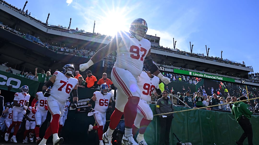 Oct 26, 2025; Philadelphia, Pennsylvania, USA; New York Giants defensive tackle Dexter Lawrence (97) takes the filed against the Philadelphia Eagles at Lincoln Financial Field. Mandatory Credit: Eric Hartline-Imagn Images