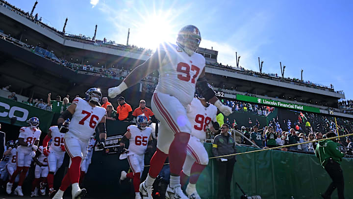 Oct 26, 2025; Philadelphia, Pennsylvania, USA; New York Giants defensive tackle Dexter Lawrence (97) takes the filed against the Philadelphia Eagles at Lincoln Financial Field. Mandatory Credit: Eric Hartline-Imagn Images
