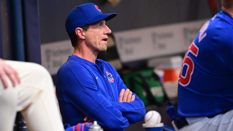 May 29, 2024; Milwaukee, Wisconsin, USA; Chicago Cubs manager Craig Counsell looks on in the first inning against the Milwaukee Brewers at American Family Field. Mandatory Credit: Benny Sieu-USA TODAY Sports