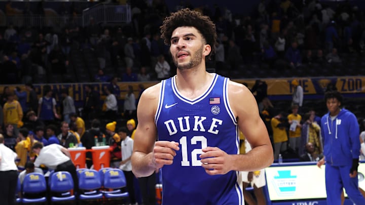 Feb 10, 2026; Pittsburgh, Pennsylvania, USA;  Duke Blue Devils forward Cameron Boozer (12) exits the court after defeating the Pittsburgh Panthers.