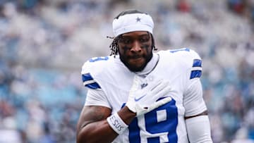 Oct 12, 2025; Charlotte, North Carolina, USA; Dallas Cowboys wide receiver Ryan Flournoy (19) looks on before the start of the game against the Carolina Panthers at Bank of America Stadium. Mandatory Credit: Scott Kinser-Imagn Images