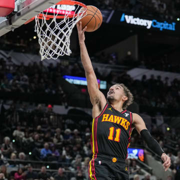 Nov 30, 2023; San Antonio, Texas, USA;  Atlanta Hawks guard Trae Young (11) lays the ball in during the second half against the San Antonio Spurs at the Frost Bank Center. Mandatory Credit: Daniel Dunn-USA TODAY Sports