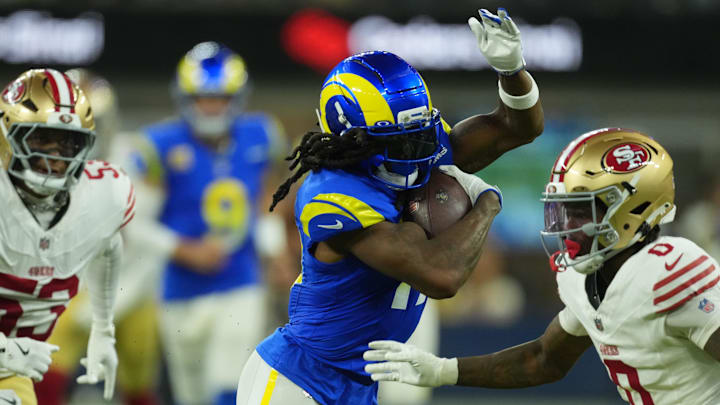 Oct 2, 2025; Inglewood, California, USA; Los Angeles Rams wide receiver Davante Adams (17) makes a catch against the San Francisco 49ers during the second half at SoFi Stadium. Mandatory Credit: Kirby Lee-Imagn Images