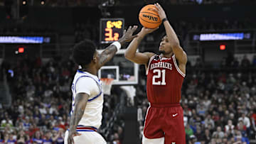 Mar 20, 2025; Providence, RI, USA;  Arkansas Razorbacks guard D.J. Wagner (21) looks to shoot against Kansas Jayhawks second half at Amica Mutual Pavilion. Mandatory Credit: Eric Canha-Imagn Images