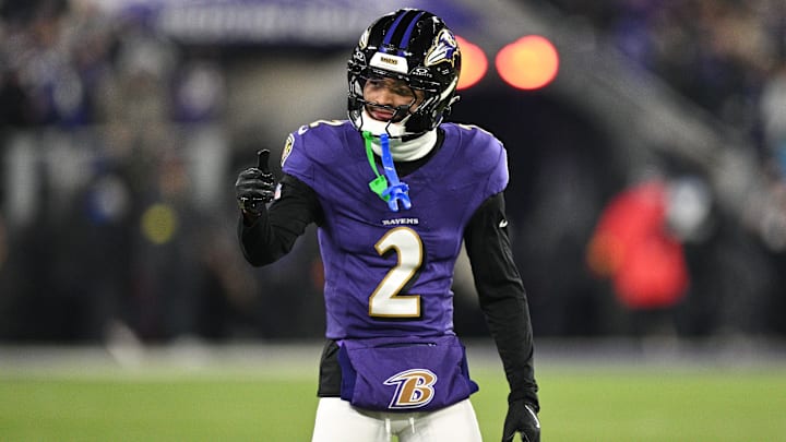 Jan 11, 2025; Baltimore, Maryland, USA; Baltimore Ravens cornerback Nate Wiggins (2) reacts in the first quarter against the Pittsburgh Steelers in an AFC wild card game at M&T Bank Stadium. Mandatory Credit: Tommy Gilligan-Imagn Images