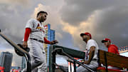 Aug 14, 2023; St. Louis, Missouri, USA;  St. Louis Cardinals catcher Willson Contreras (40) talks with manager Oliver Marmol (37) after suffering an injury while running the bases during the third inning against the Oakland Athletics at Busch Stadium. Wilson was removed from the game before the fourth inning. Mandatory Credit: Jeff Curry-Imagn Images