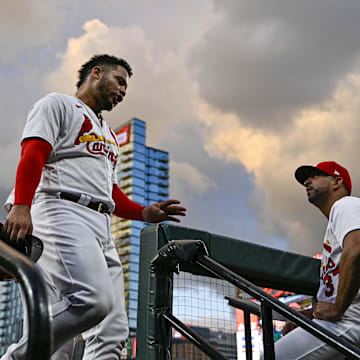 Aug 14, 2023; St. Louis, Missouri, USA;  St. Louis Cardinals catcher Willson Contreras (40) talks with manager Oliver Marmol (37) after suffering an injury while running the bases during the third inning against the Oakland Athletics at Busch Stadium. Wilson was removed from the game before the fourth inning. Mandatory Credit: Jeff Curry-Imagn Images