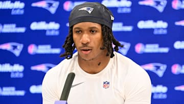 May 9, 2025; Foxborough, MA, USA; New England Patriots wide receiver Kyle Williams (18) speaks to the media after rookie camp at Gillette Stadium. Mandatory Credit: Eric Canha-Imagn Images