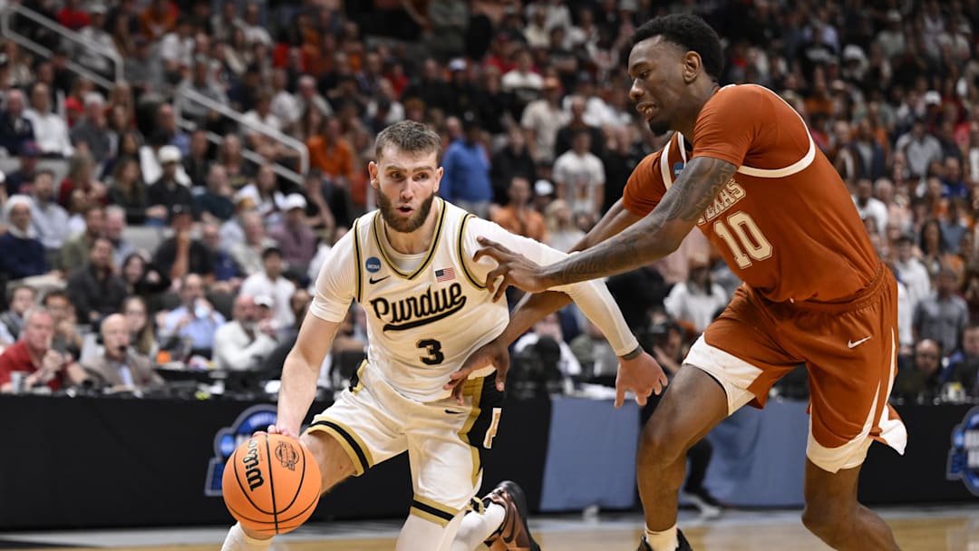 Mar 26, 2026; San Jose, CA, USA; Purdue Boilermakers guard Braden Smith (3) goes to the basket against Texas Longhorns forward Nic Codie (10) in the second half during a Sweet Sixteen game of the West Regional of the men's 2026 NCAA Tournament at SAP Center. Mandatory Credit: Eakin Howard-Imagn Images