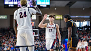 Gonzaga Bulldogs guard Mario Saint-Supery (17) and center Ismaila Diagne (24).