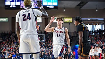 Gonzaga Bulldogs guard Mario Saint-Supery (17) and center Ismaila Diagne (24).