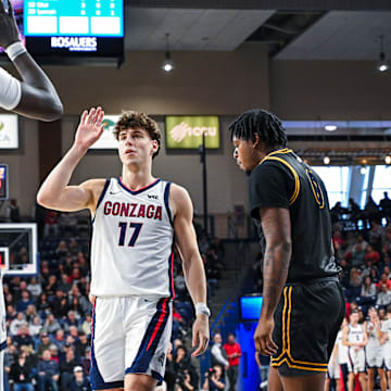 Gonzaga Bulldogs guard Mario Saint-Supery (17) and center Ismaila Diagne (24).