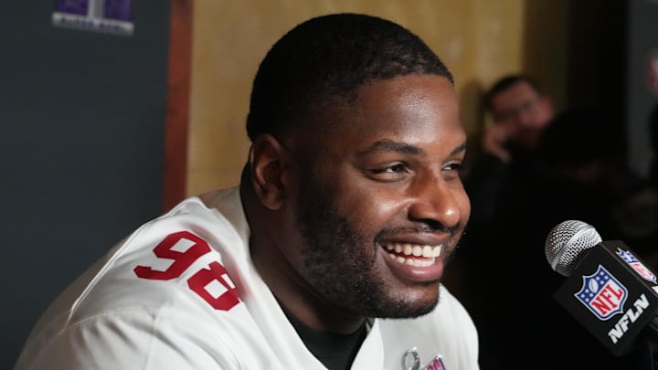 Former San Francisco 49ers defensive tackle Javon Hargrave (98) during a press conference before Super Bowl LVIII. 