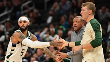 Milwaukee Bucks guard Gary Trent Jr. reacts after scoring a basket in the third quarter at Fiserv Forum on October 14, 2024.