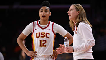 Jan 12, 2025; Los Angeles, California, USA; USC Trojans head coach Lindsay Gottlieb talks to guard JuJu Watkins (12) during the second quarter against the Penn State Nittany Lions at Galen Center. 