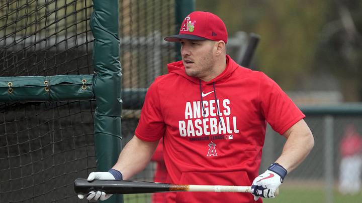 Feb 16, 2026; Tempe, AZ, USA; Los Angeles Angels right fielder Mike Trout (27) prepares to hit during spring training camp. Mandatory Credit: Rick Scuteri-Imagn Images