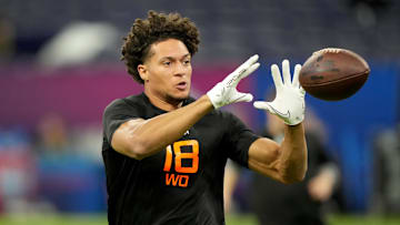 Iowa State wideout Jayden Higgins (WO18) during the 2025 NFL Combine at Lucas Oil Stadium. 