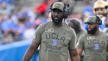 Nov 30, 2024; Pasadena, California, USA; UCLA Bruins head coach DeShaun Foster on the sidelines during the third quarter against the Fresno State Bulldogs at Rose Bowl. Mandatory Credit: Robert Hanashiro-Imagn Images