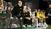 Jan 18, 2025; Eugene, Oregon, USA; Oregon Ducks head coach Dana Altman watches the game action during the first half against the Purdue Boilermakers at Matthew Knight Arena. Mandatory Credit: Craig Strobeck-Imagn Images