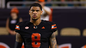Oct 26, 2024; Miami Gardens, Florida, USA; Miami Hurricanes tight end Elijah Arroyo (8) looks on from the field before the game against the Florida State Seminoles at Hard Rock Stadium. Mandatory Credit: Sam Navarro-Imagn Images