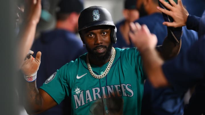 Seattle Mariners left fielder Randy Arozarena celebrates during a game against the New York Mets on Aug. 10 at T-Mobile Park.