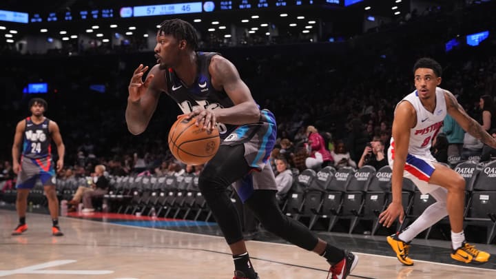 Apr 6, 2024; Brooklyn, New York, USA; Brooklyn Nets power forward Dorian Finney-Smith (28) dribbles the ball against the Detroit Pistons during the second half at Barclays Center. Mandatory Credit: Gregory Fisher-USA TODAY Sports