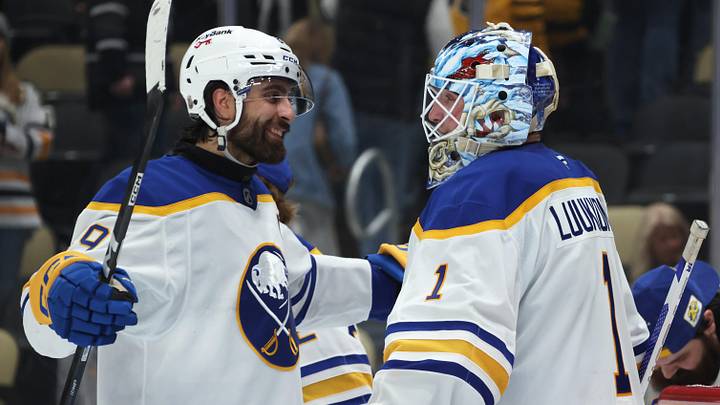 Mar 5, 2026; Pittsburgh, Pennsylvania, USA;  Buffalo Sabres right wing Alex Tuch (89) and goaltender Ukko-Pekka Luukkonen (1) celebrate after defeating the Pittsburgh Penguins at PPG Paints Arena. Mandatory Credit: Charles LeClaire-Imagn Images