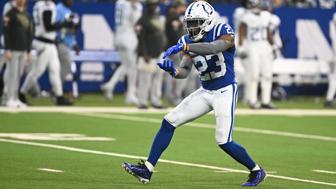 Oct 26, 2025; Indianapolis, Indiana, USA; Indianapolis Colts cornerback Kenny Moore II (23) celebrates a sack during the first quarter against the Tennessee Titans  at Lucas Oil Stadium. Mandatory Credit: Robert Goddin-Imagn Images