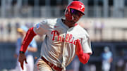 Feb 25, 2025; Port Charlotte, Florida, USA;  Philadelphia Phillies outfielder Justin Crawford (80) runs home to score against the Tampa Bay Rays during the fourth inning at Charlotte Sports Park