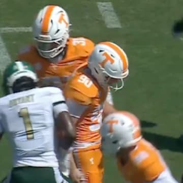UAB safety Sirad Bryant stomped on the foot of Tennessee Kicker Max Gilbert. 