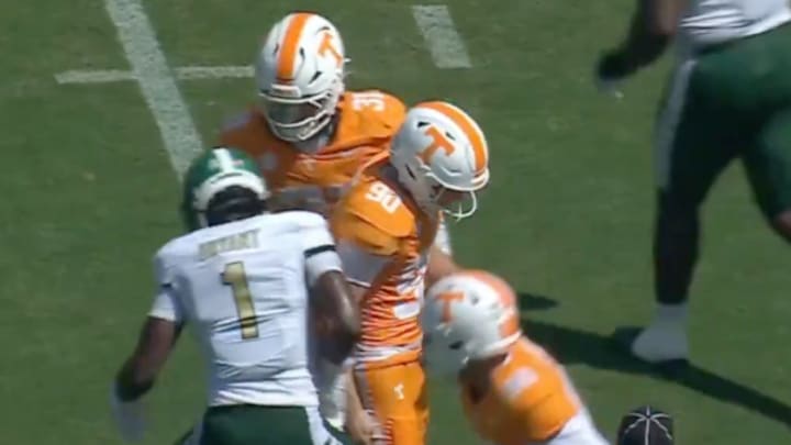 UAB safety Sirad Bryant stomped on the foot of Tennessee Kicker Max Gilbert. UAB safety Sirad Bryant stomped on the foot of Tennessee Kicker Max Gilbert.